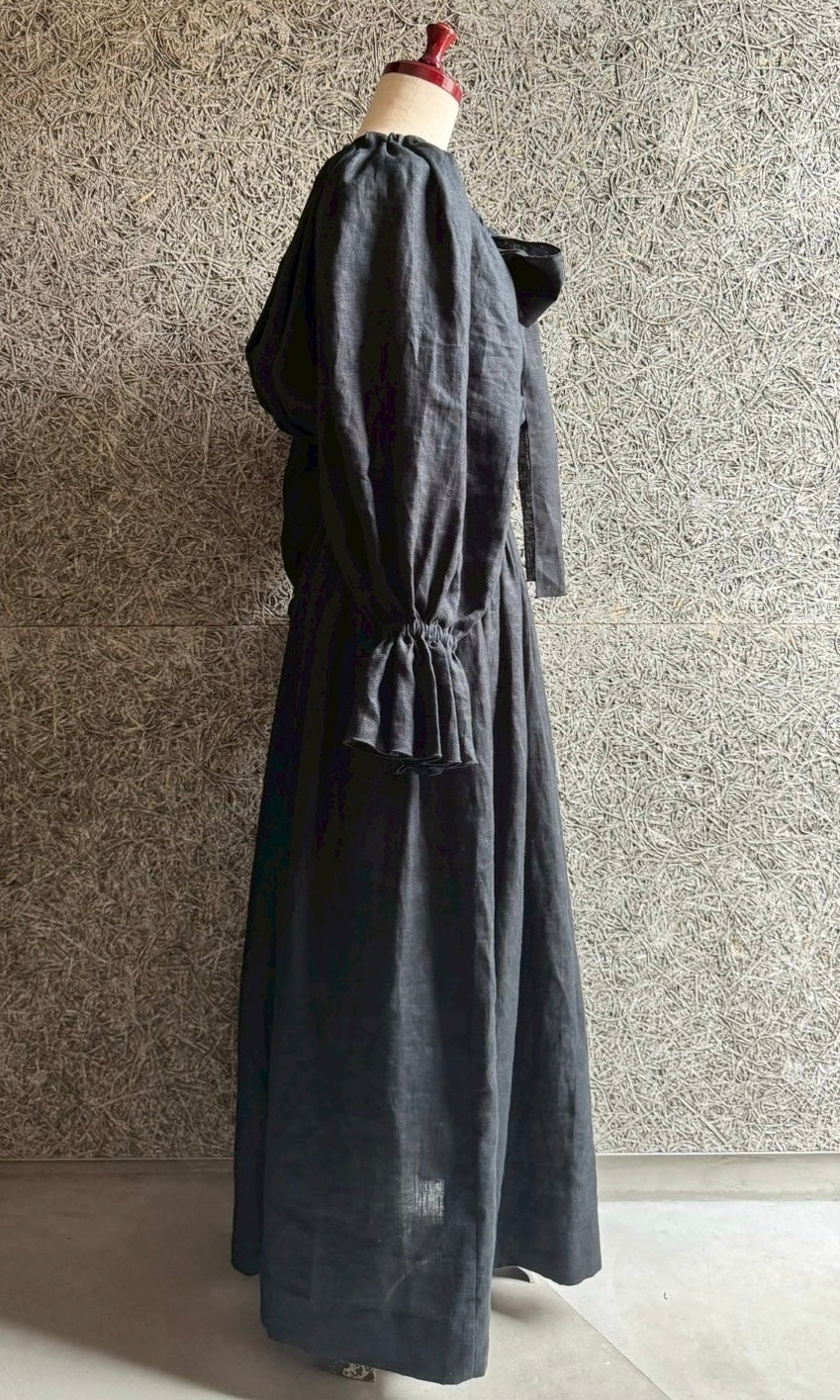 linen ribbon puff onepiece(black)