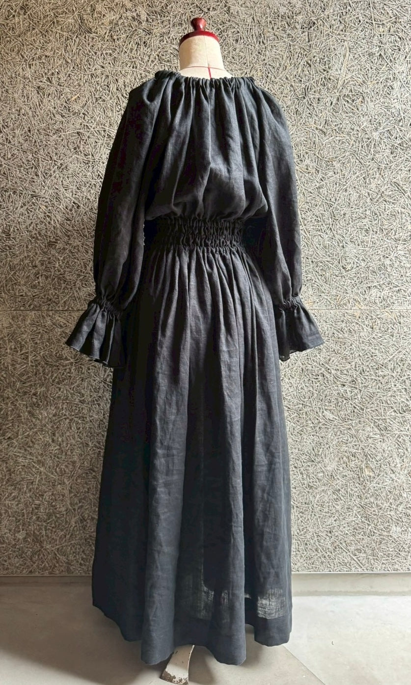linen ribbon puff onepiece(black)