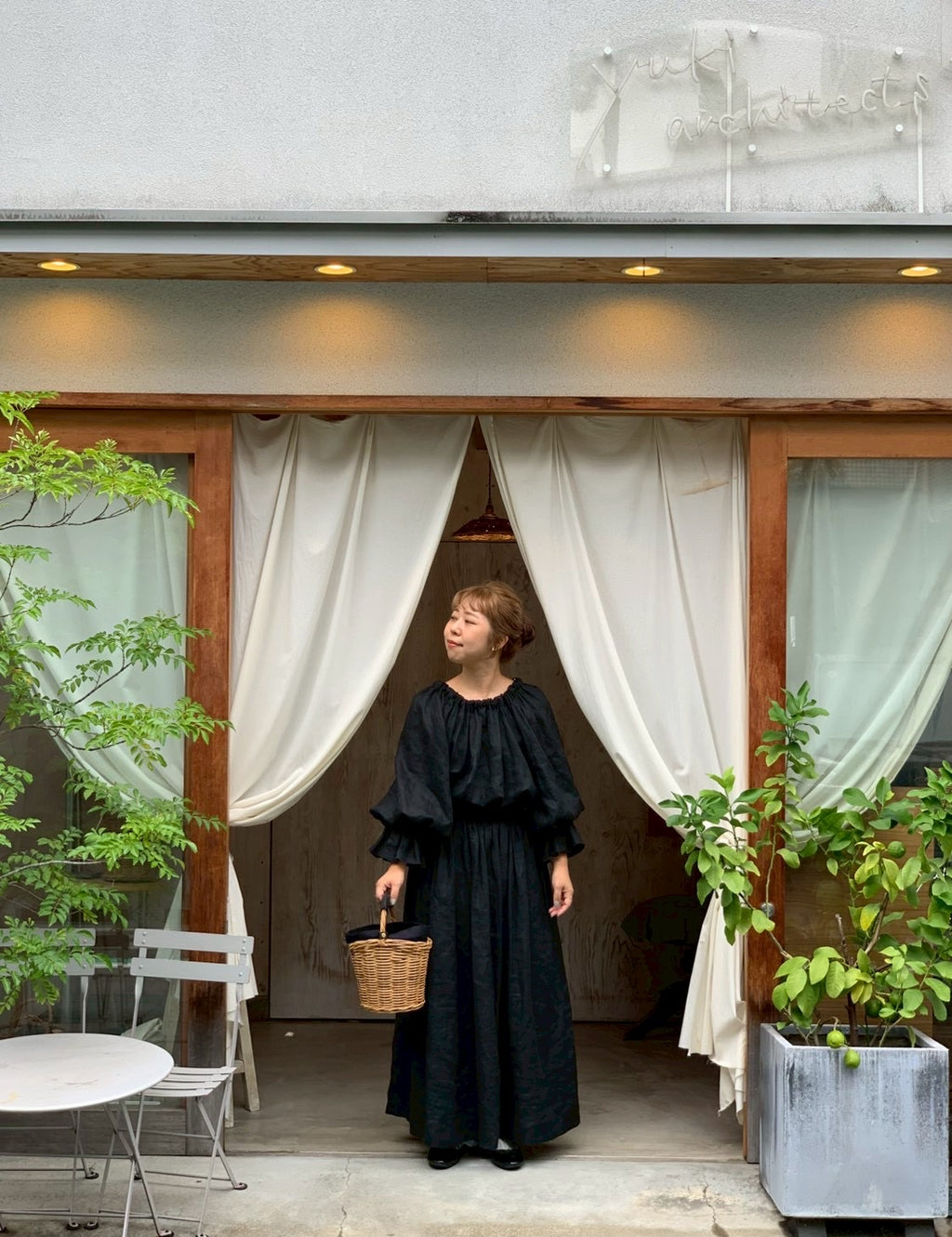linen ribbon puff onepiece(black)