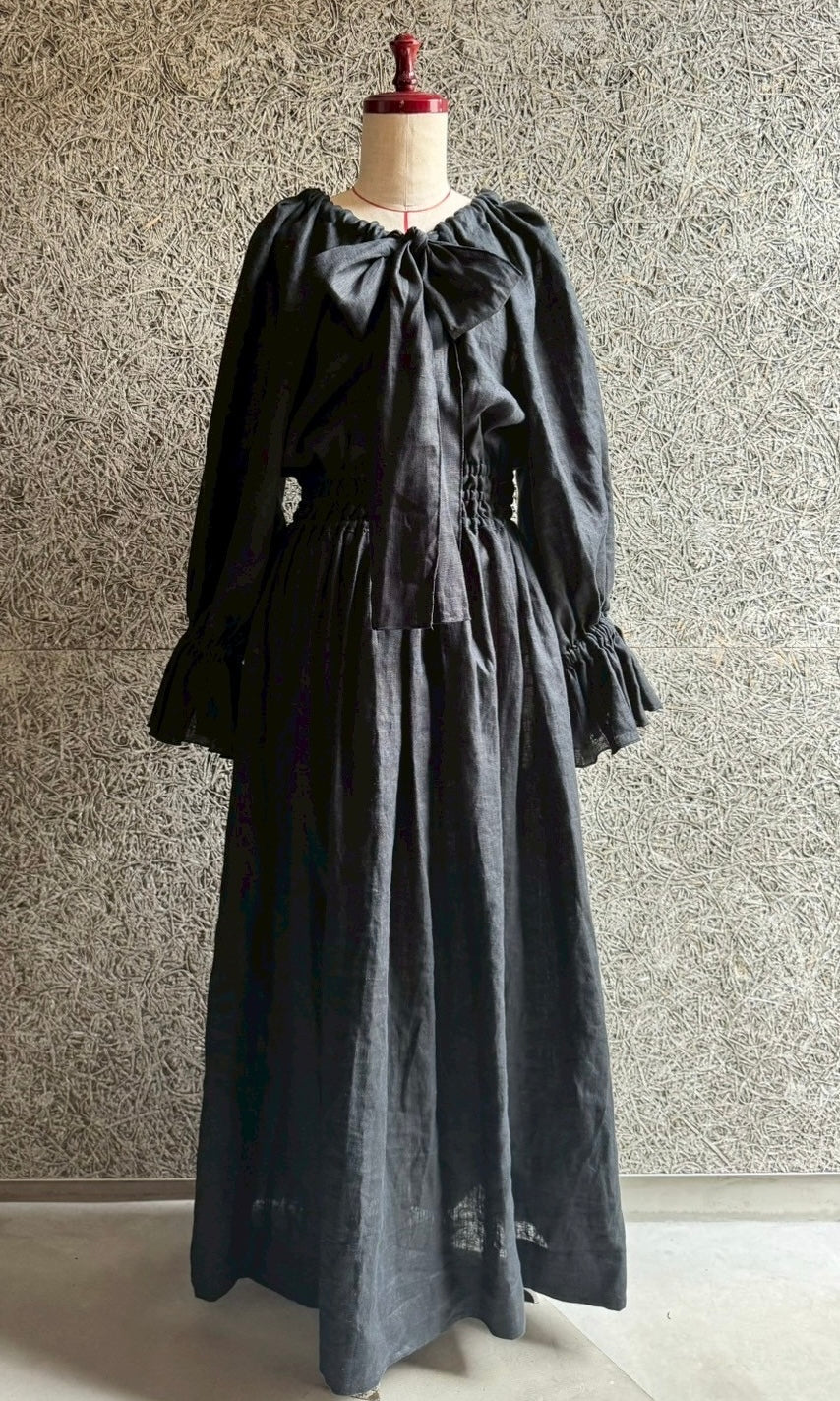 linen ribbon puff onepiece(black)