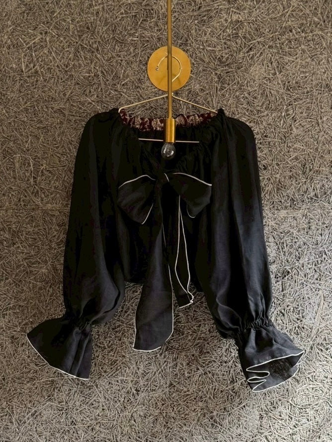 linen ribbon puff blouse(black)