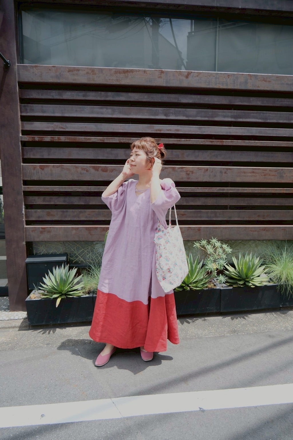 cross linen dress (cherry pink)