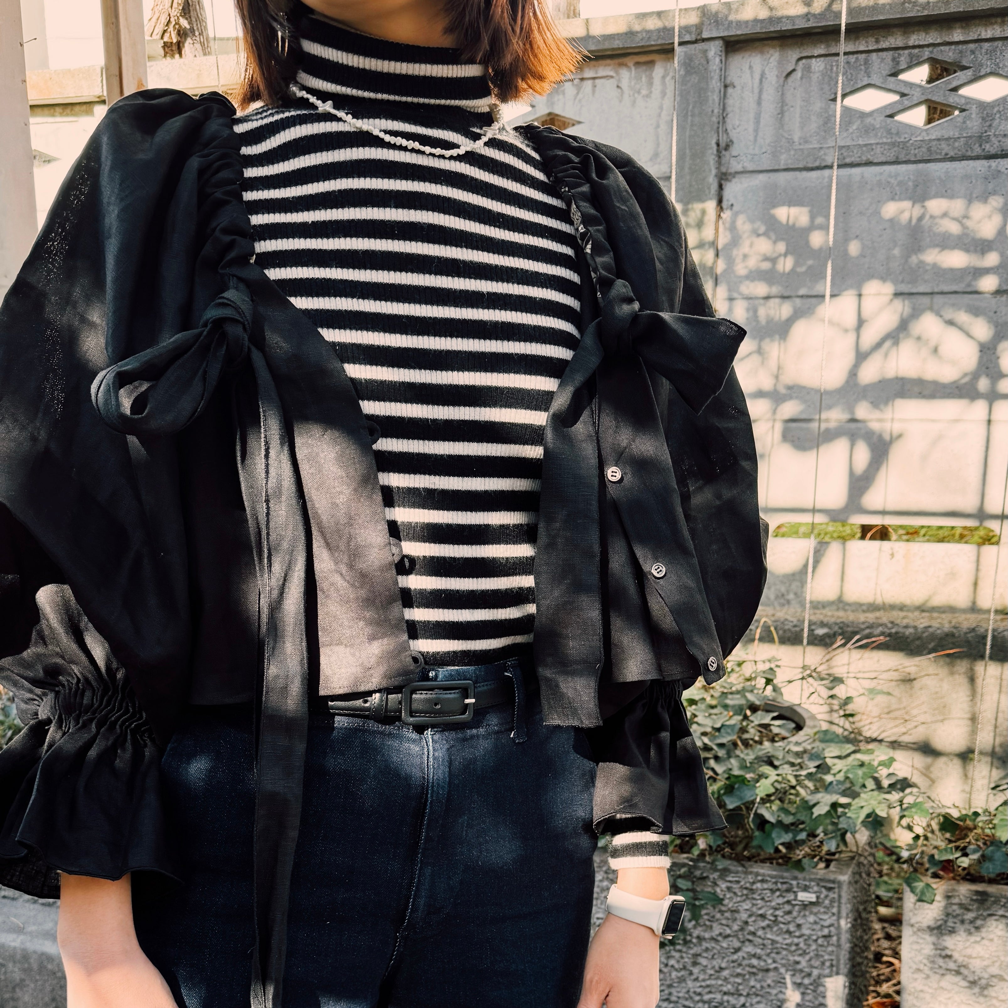 【予約】linen ribbon puff blouse(black)