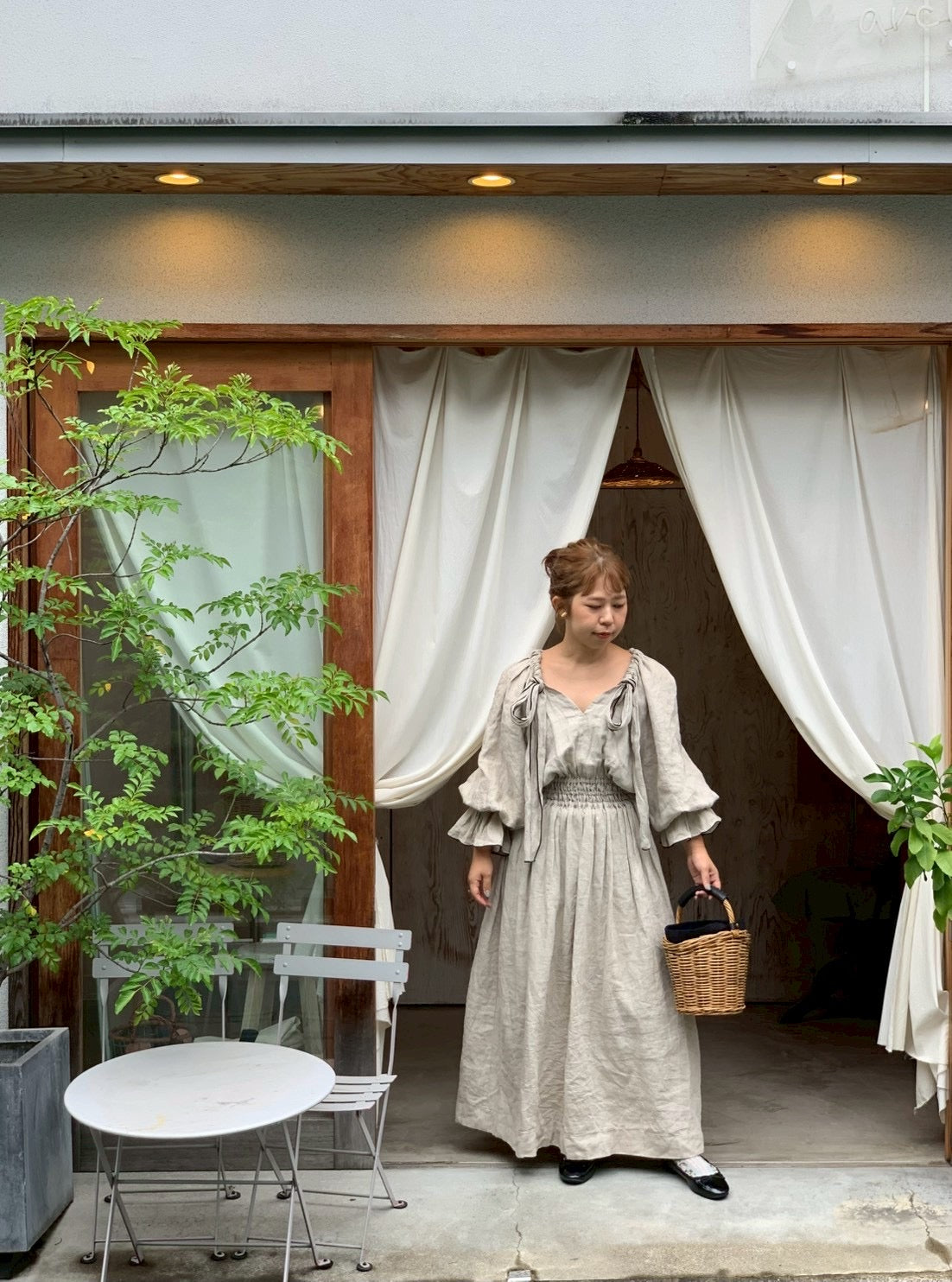 linen ribbon puff onepiece(écru)
