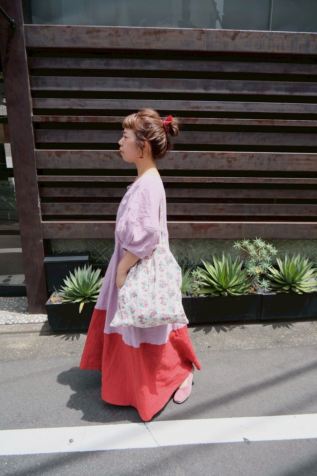 cross linen dress (cherry pink)